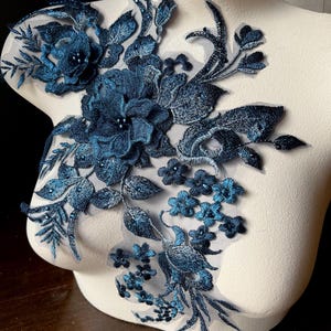 Navy Blue 3D Applique: Beaded Embroidered Lace for Dance Costumes F16-1