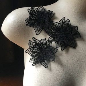 3 BLACK Flower 3D Appliques Double Layered Organza for Lyrical Dance, Ballet, Costumes, Headbands, Garments Iron 34