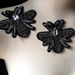 Silver Insect Bee Appliques: Beaded Rhinestone Patches (Set of 2) BUGS 15