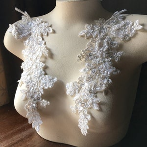 Silver & Ivory Beaded Lace Applique Pair: Bridal Costume Embellishment PR 96 sil