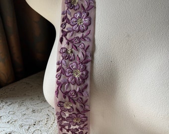 Purple & Gold Sari Trim Beaded Embroidered Net for Garments, Costume Design, Crafts, Junk Journals TR 292
