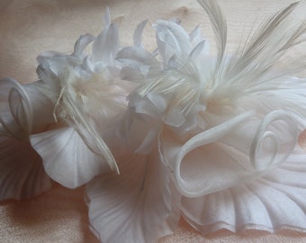 IVORY Silk Flower Millinery Corsage with Feathers for Bridal, Hats, Corsages, Fascinator Design MF 247