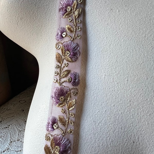 Purple & Gold Sari Trim Beaded Embroidered Net for Garments, Costume Design, Crafts, Junk Journals TR 344