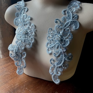 Light Blue Beaded Applique Pair: Rhinestone Flower, Lyrical Dance, Bridal CA 961 pr