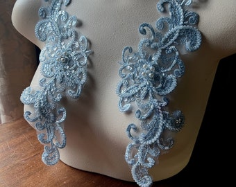 Light Blue Beaded Applique Pair: Rhinestone Flower, Lyrical Dance, Bridal CA 961-pr