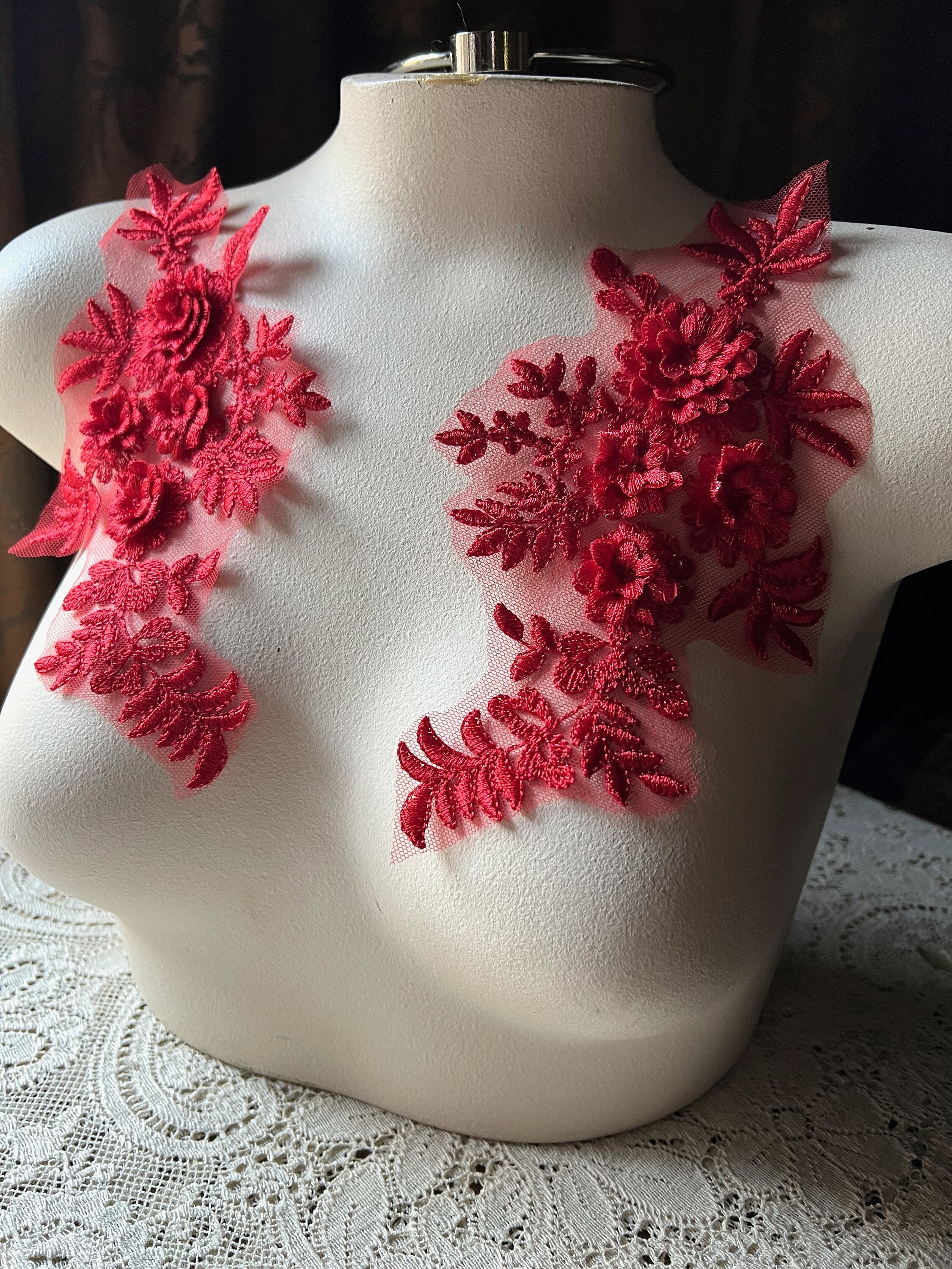 RED 3d Lace Applique PAIR for Lyrical or Ballet Costumes, Garments, Bridal F100