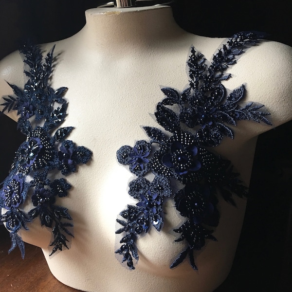 NEW NAVY BLUE 3D Applique PAiR , Beaded for Lyrical Dance, Ballet, Couture Gowns F117