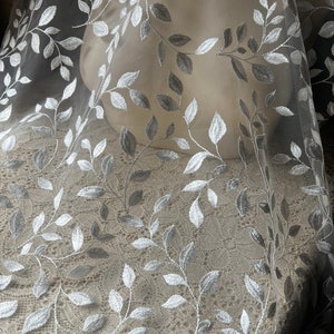 LIGHT IVORY Leaf Vine Lace Embroidered Net for Bridal, Veils, Capes, Garments 1 Shiny image 2