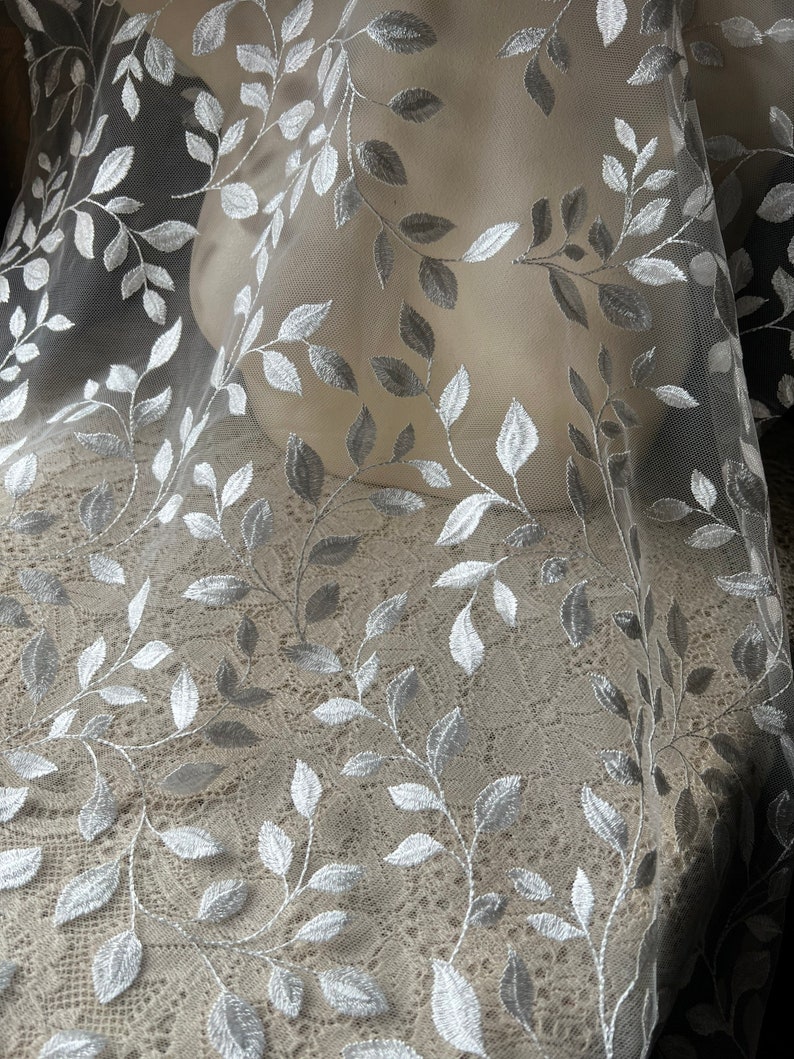 LIGHT IVORY Leaf Vine Lace Embroidered Net for Bridal, Veils, Capes, Garments 1 Shiny image 2