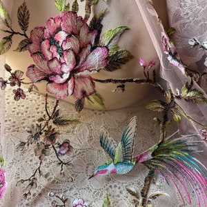 Pink Peony & Birds Fabric PANEL Asian Design Embroidered Lace Stretch Net Fabric for Garments, Costumes