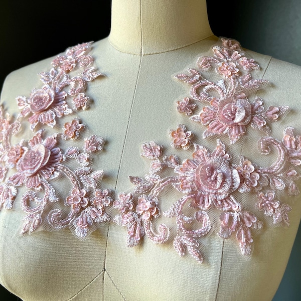 PINK Applique PAIR Beaded Lace: Lyrical Dance, Ballet, Couture Gowns F105