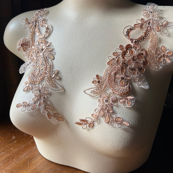 ROSE GOLD Appliques Beaded Lace Pair for Lyrical Dance, Ballroom Dance, Costumes, Bridal, Bridesmaids Sashes PR 114 rg