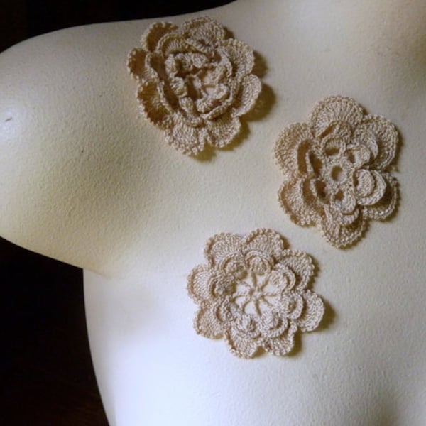 3 Crocheted  3D Flower Appliques in Natural Cotton for Baby Headbands, Hats, Crazy Quilts, Applique CFA 1