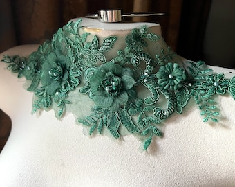 FOREST GREEN 3D Beaded Applique for Lyrical Dance, Bridal, Ballet, Headbands, Garments CA 963