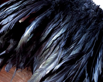 BLACK Feathers 4" strip Rooster Half Bronze Coq 10-12" Iridescent for Costumes, Masks, Tribal Fusion, Steampunk