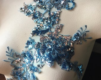 Applique bleue perlée avec paillettes pour danse lyrique, ballet, robes couture F102