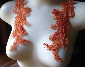 Tangerine Orange Appliques Beaded Lace Pair for Lyrical Dance, Skating Costumes, Bridal, Headbands, Sashes  PR 114