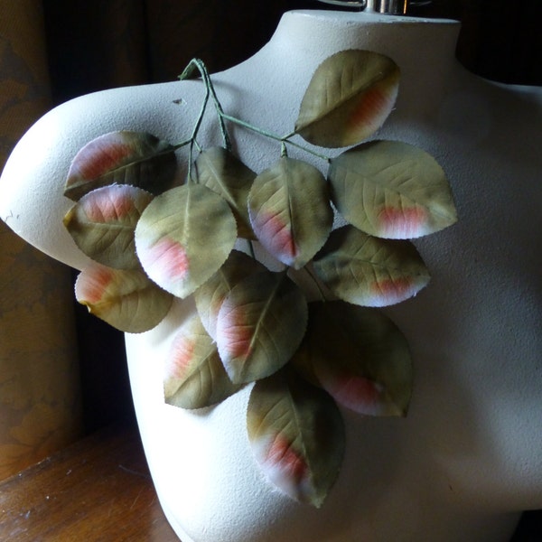 Green Silk Leaves Vintage German in Green & Peach Ombre for Bridal, Boutonnieres, Hats, Headbands ML 135