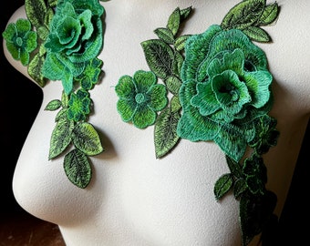 Green Rose 3D Lace Appliques: Costume Design Embellishments (Set of 2) CA 982