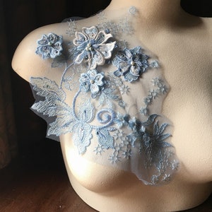 Blue 3D Lace Applique: Rhinestones & Faux Pearls, Bridal Costume F12
