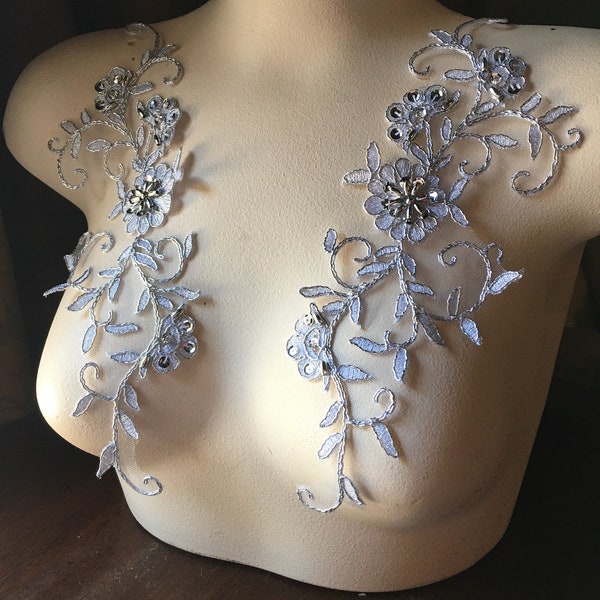 BRIGHT Silver Appliques Lace Beaded Pair for Lyrical Dance, Bridal, Headbands, Sashes, Costume Design PR 340