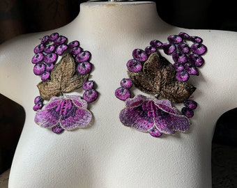 PURPLE Mauve Rose Applique 3D Lace for Garments, Costume Design CA 923 PAIR