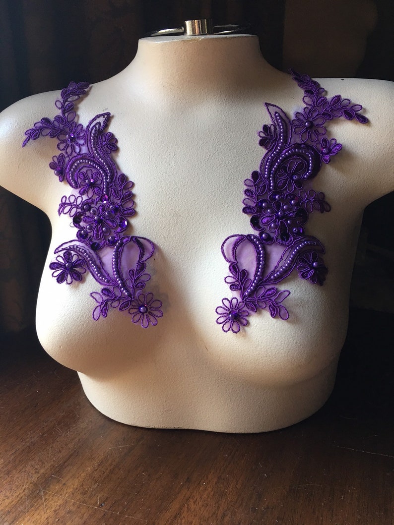 Violet Purple Applique Pair Beaded Applique Lace for Lyrical Dance, Ballroom Dance, Costumes, Bridal, Bridesmaids Sashes PR 114 image 3