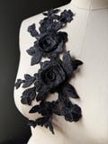Black 3D Rose Applique: Floral Lace for Costume Design CA 902