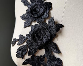 Black 3D Rose Applique: Floral Lace for Costume Design CA 902