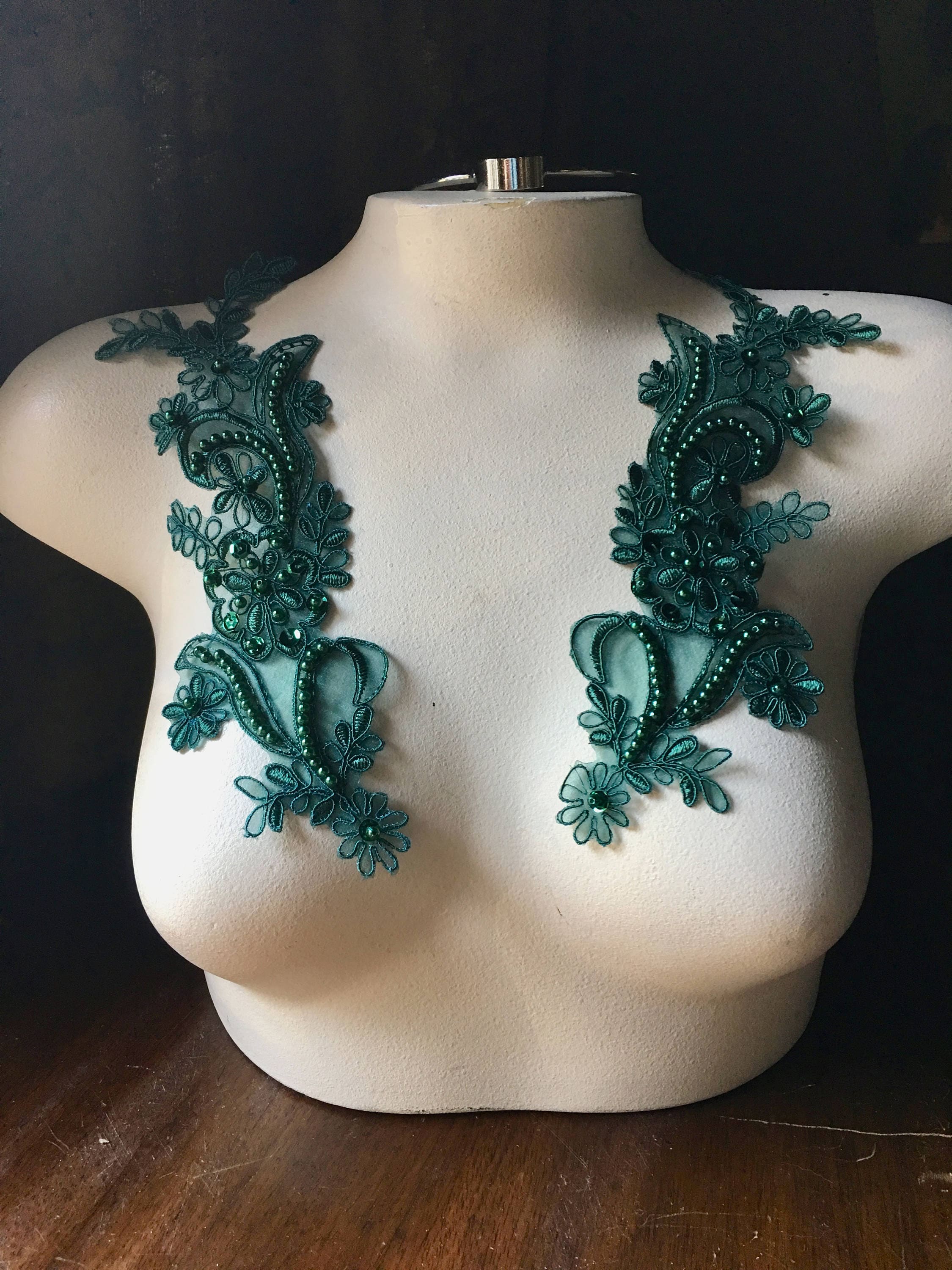 HUNTER Green Applique Beaded Lace Pair for Costumes, Lyrical Dance, Garment PR 114 fg