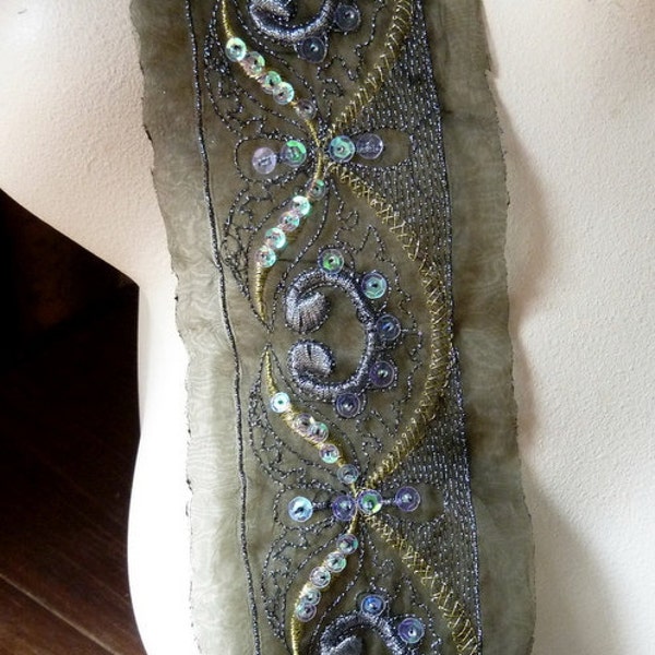 Beaded Embroidered Organza Trim in Olive Green for Tribal Fusion, Bellydance Costumes, Headbands, Sashes, Costume Design,