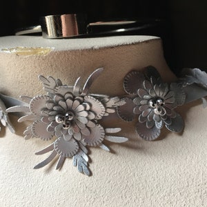 12 SILVER Beaded Faux Leather Flower Appliques for Bridal Design, Shoe Clips, Headbands, Costumes TR 254