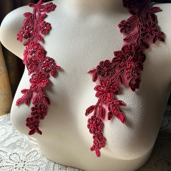 BURGUNDY Beaded Applique Pair Lace for Lyrical Dance, Bridal, Headbands, Sashes, Costume Design PR 43 burgNEW