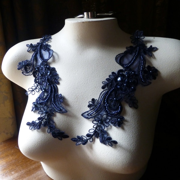 Midnight Navy Blue Applique Beaded Lace Pair for Lyrical Dance, Ballroom Dance, Costumes, Bridal, Headbands, Sashes PR 114 mb