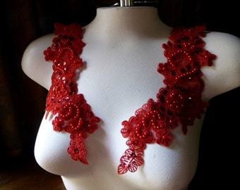 RED Lace Appliques Beaded Applique PAIR for Lyrical Dance, Ballroom Dance, Bridal, Headbands, Costume Design PR 612 red