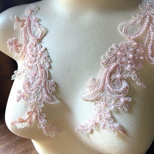 Peach Blush Beaded Applique Pair: Faux Pearl & Sequin Embroidery PR 114 pch
