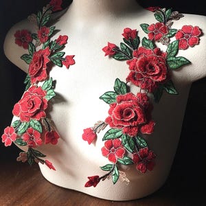 Red & Gold 3D Embroidered Rose Applique Pair Floral Embellishments CA 902-pr