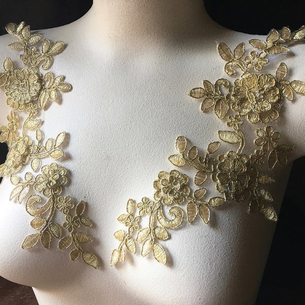 BRIGHT GOLD 3D Applique Pair Lace for Lyrical Dance, Bridal, Garments, Costume Design PR 405