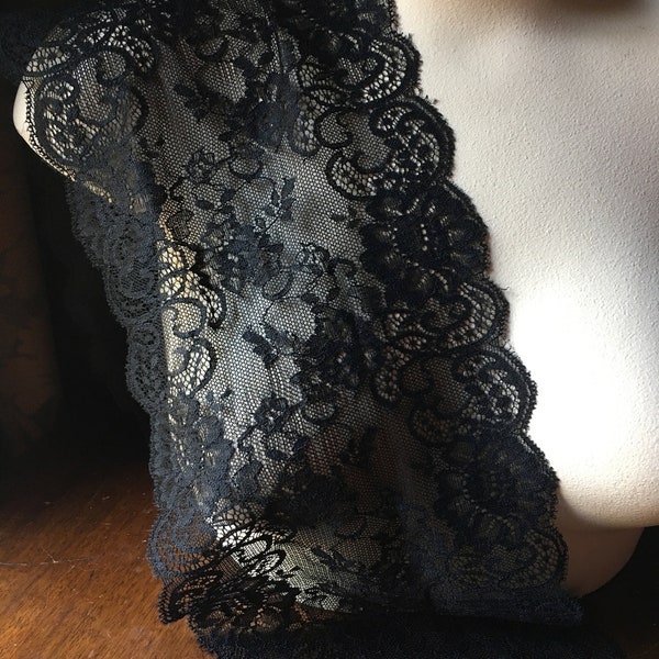 Black Stretch Lace 7" wide for Lingerie, Garments, Costumes STR 5021