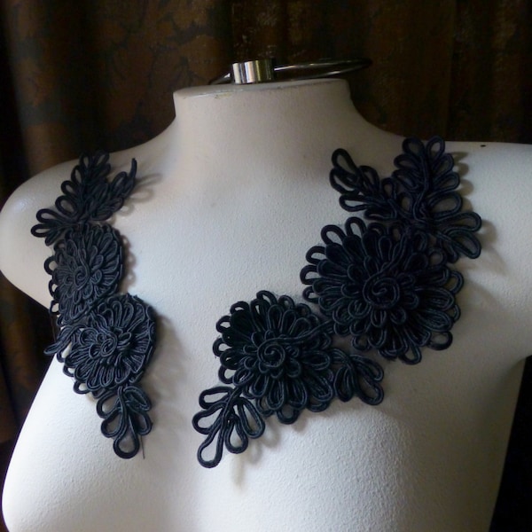 Black Lace Applique Pair in Soutache for Lyrican Dance, Neo Victorian, Costumes, Garments PR 137 nbbl