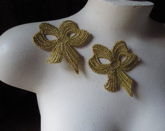 2 Gold Lace Applique Bows in Metallic Gold Venice Lace for Reenactment, Bridal, Jewelry, Costumes CA 805