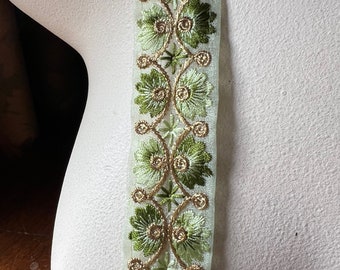 Green & Gold Sari Trim Embroidered for Garments, Costume Design, Crafts, Junk Journals TR 372