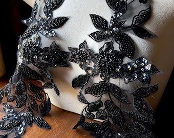 Black Flower Patches/ Black Sequin Flower Applique Elegant Updated Vintage  Beads and Sequins Black Flower Applique Iron on Backing 