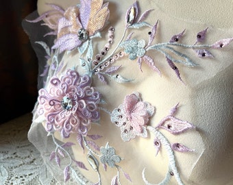 3D Floral Lace Applique: Lilac, Pink, Peach, Silver Rhinestones F153-2