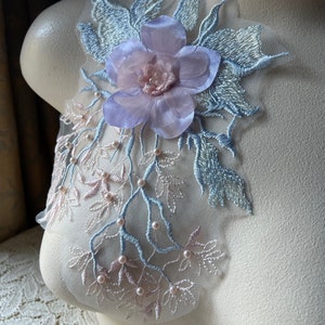 Blue Lavender Peach 3D Flower Applique: Beaded Lace for Dance F149-3