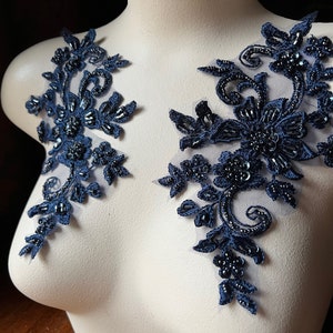 NAVY BLUE Applique PAIR Beaded Alencon Lace for Lyrical Dance, Ballet, Couture Gowns F134