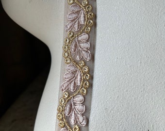BLUSH Mocca & Gold Sari Borte Perlen bestickt für Kleidungsstücke, Kostüm-Design, Kunsthandwerk, Junk Journals TR 323
