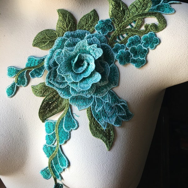 TURQUOISE AQUA 3D Rose Applique para Prendas, Diseño de Vestuario CA 956