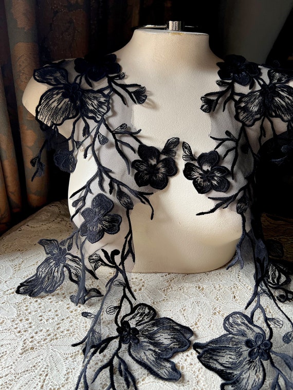 Black Cherry Blossom Lace Applique Pair: Bridal Gown Embellishment