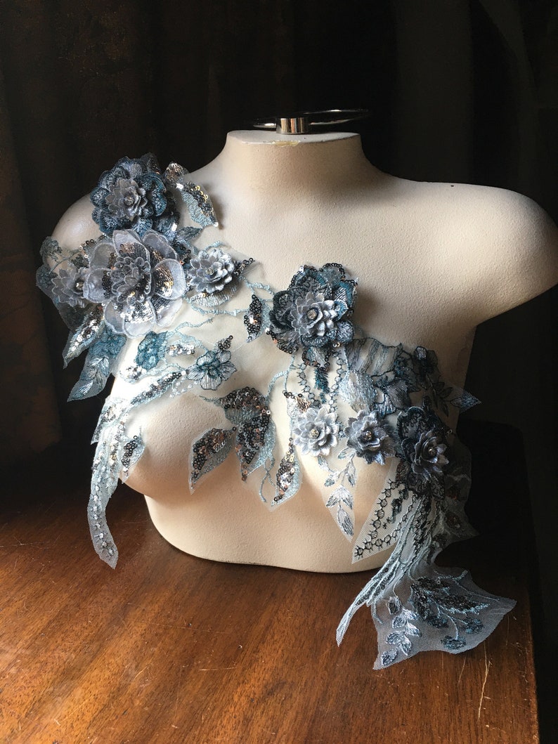 Beaded and Embroidered for Lyrical Dance Couture Gowns F44-3 Ballet Silver Teal 3D Applique #3